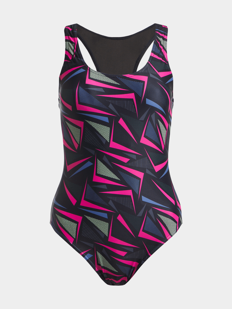 Women's Geo All-Over Print Racerback Swimsuit - Vibrant Multi-Color Athletic One-Piece