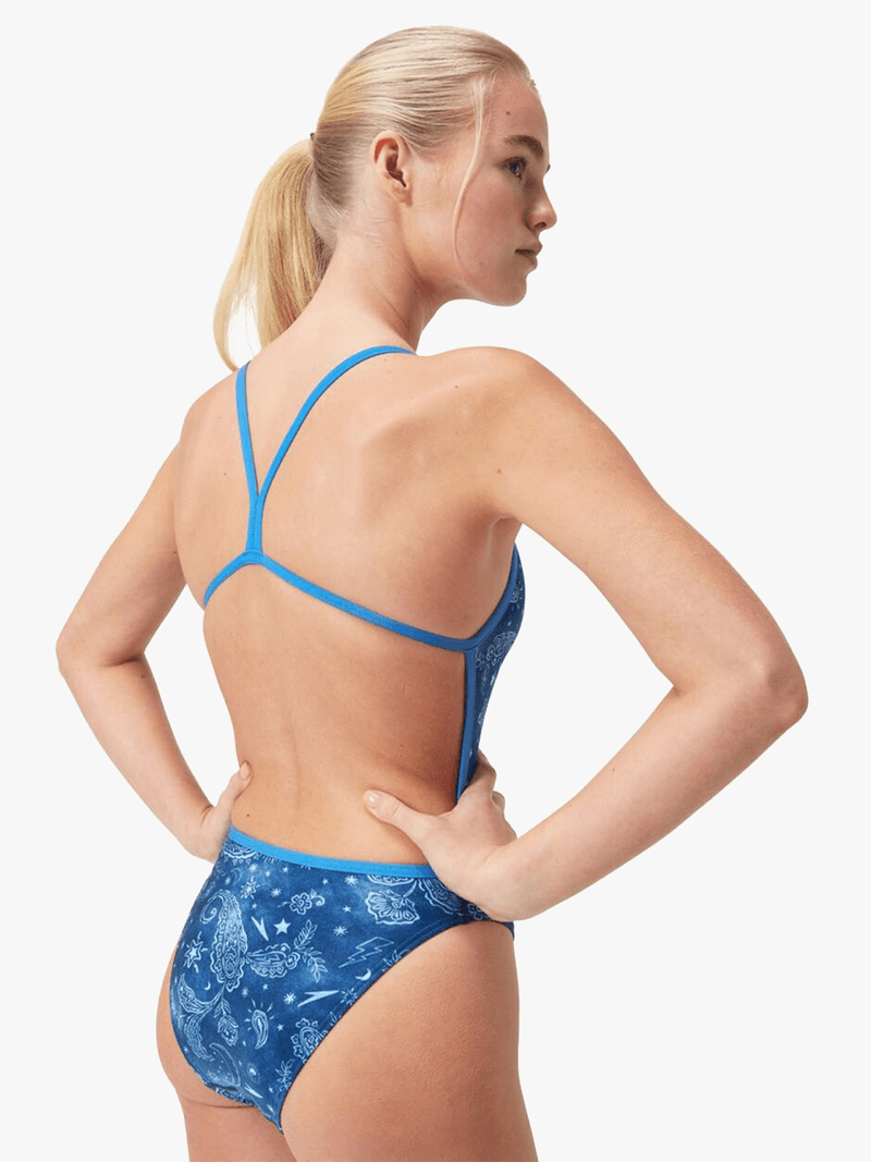 Speedo Women's Cerulean Blue Digital Print V-Back Swimsuit Durable Chlorine Resistant