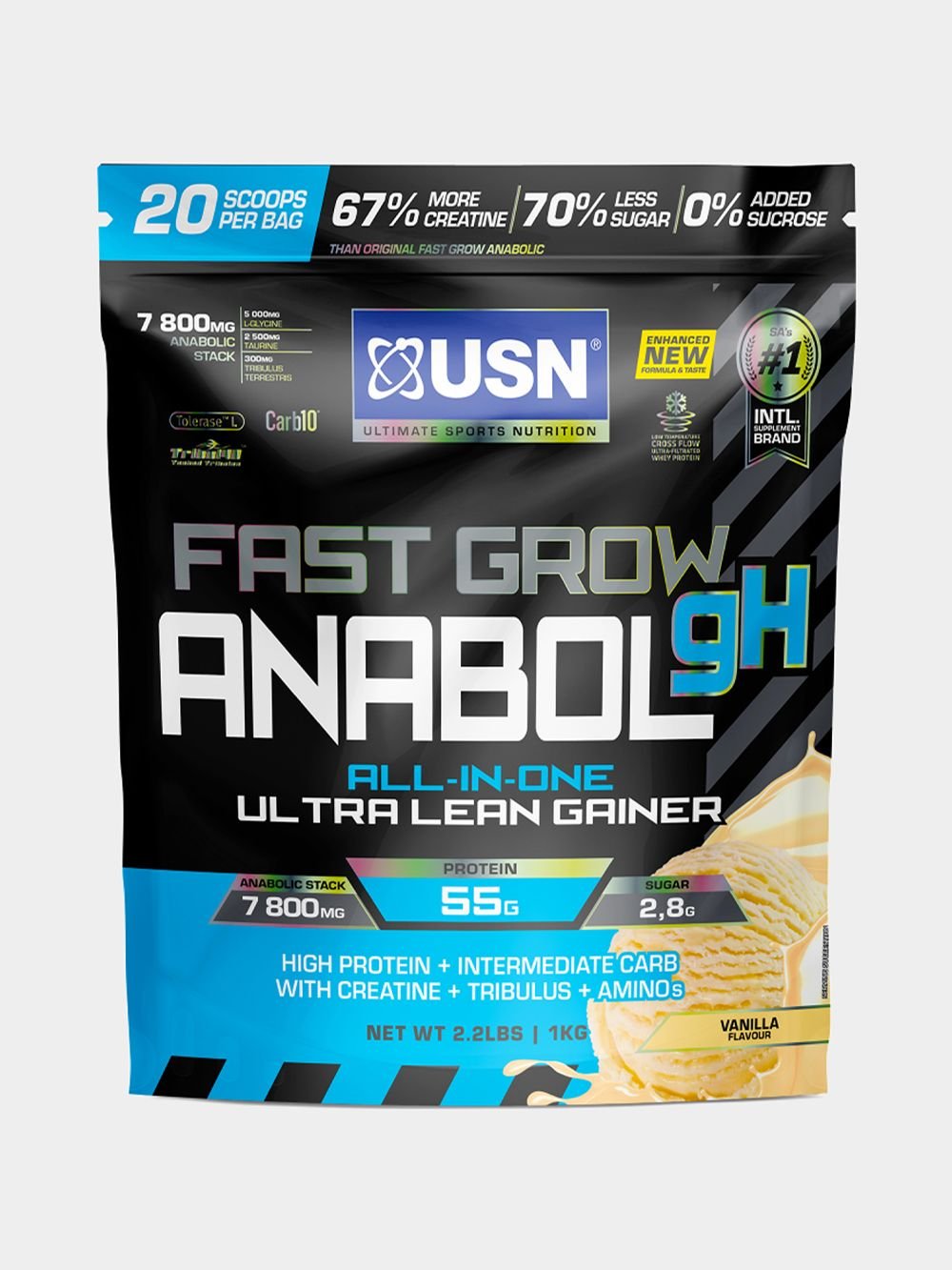 USN Fast Grow Anabolic GH Lean Muscle Gainer Powder, Vanilla, 2.2 lbs