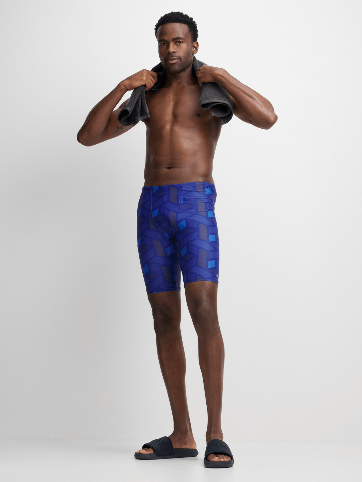 Men's Geometric All-Over Print Navy Blue Swim Jammer Performance Swimwear