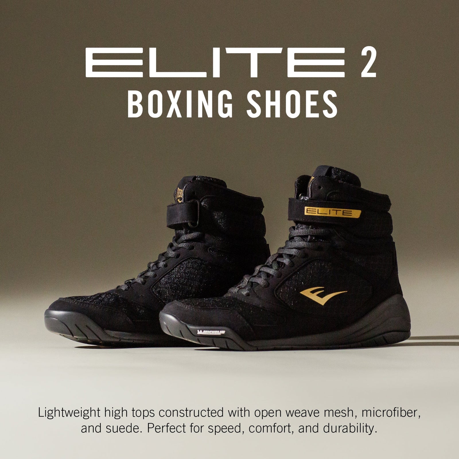 A pair of black high-top boxing shoes with gold accents, featuring a lace-up closure and the Everlast brand logo.