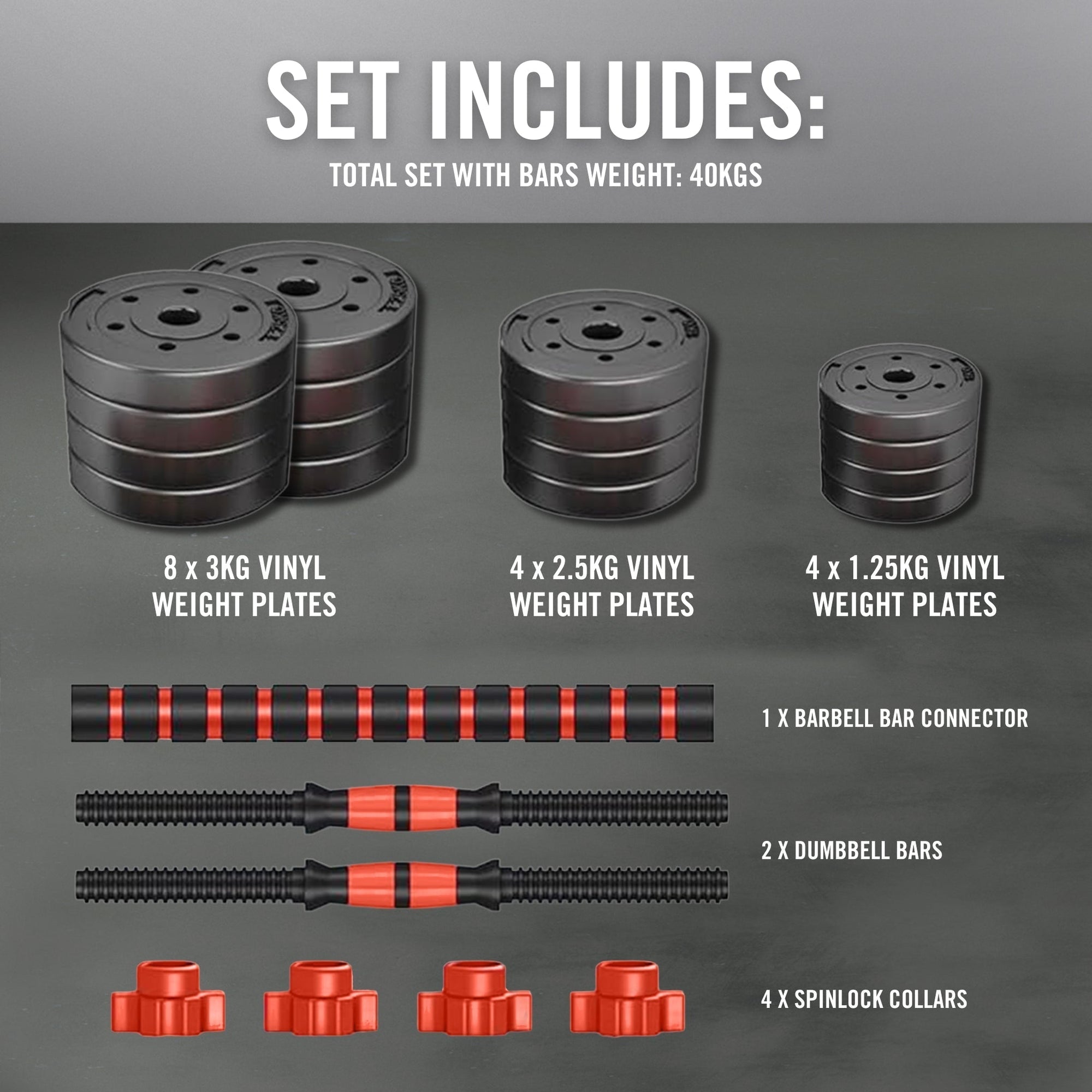 40KG VINYL BARBELL & DUMBBELL SET