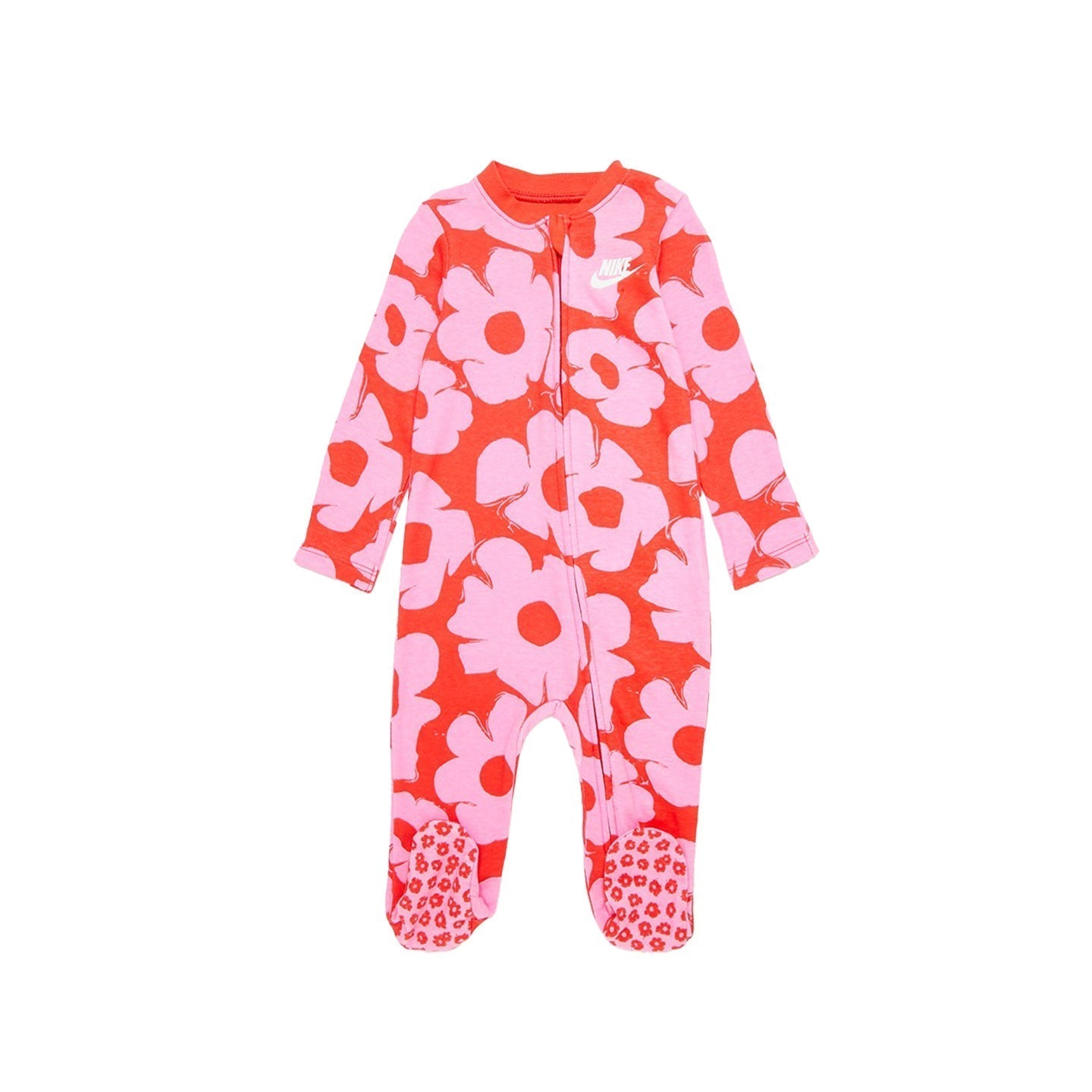 Baby Nike NKG Floral Coverall in Picante Red with bold pink floral print, full-length zipper, long sleeves, and footed design made of 100% soft cotton.