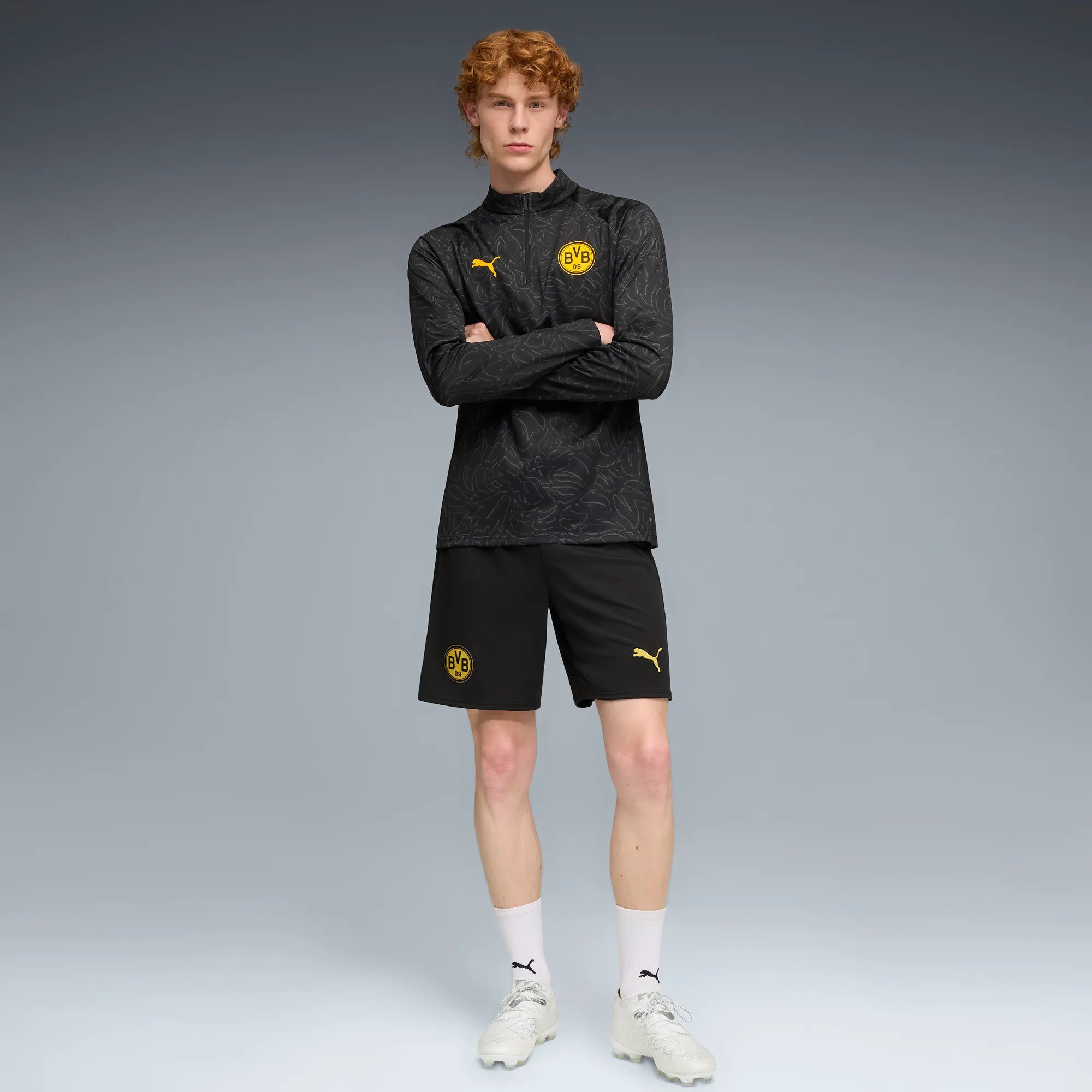 Puma BVB Warm Up 1/4 Zip Top Black-Yellow Sizzle